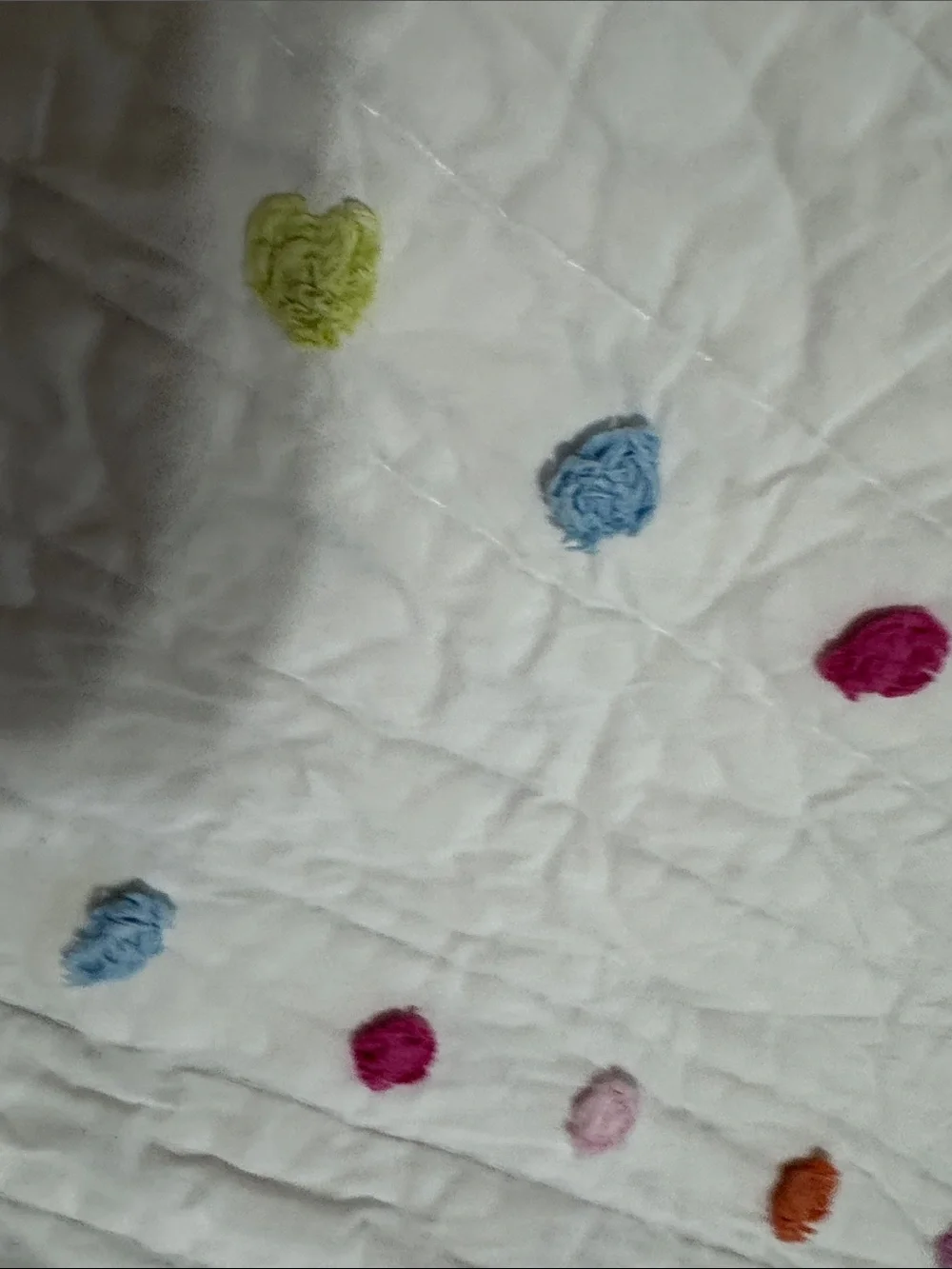 Pottery Barn Kids White Quilted Throw with Multicolor Dot Embroidery